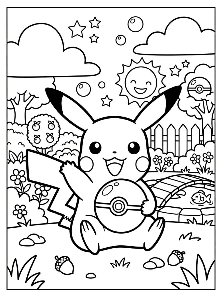 Pikachu zit met Pokéball bij vis in vijver