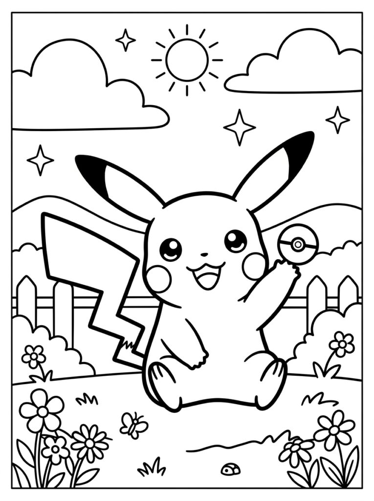 Pikachu zit met Pokéball tussen bloemen en vlinder