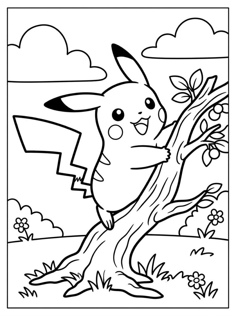 Pikachu klimt in boom met appels