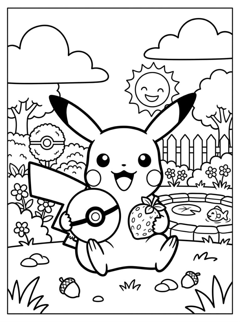 Pikachu houdt Pokéball en aardbei vast