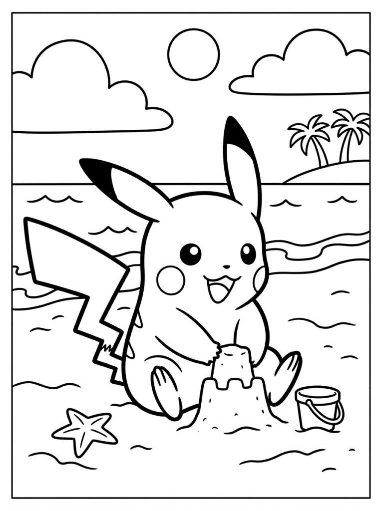 Pikachu bouwt zandkasteel op het strand