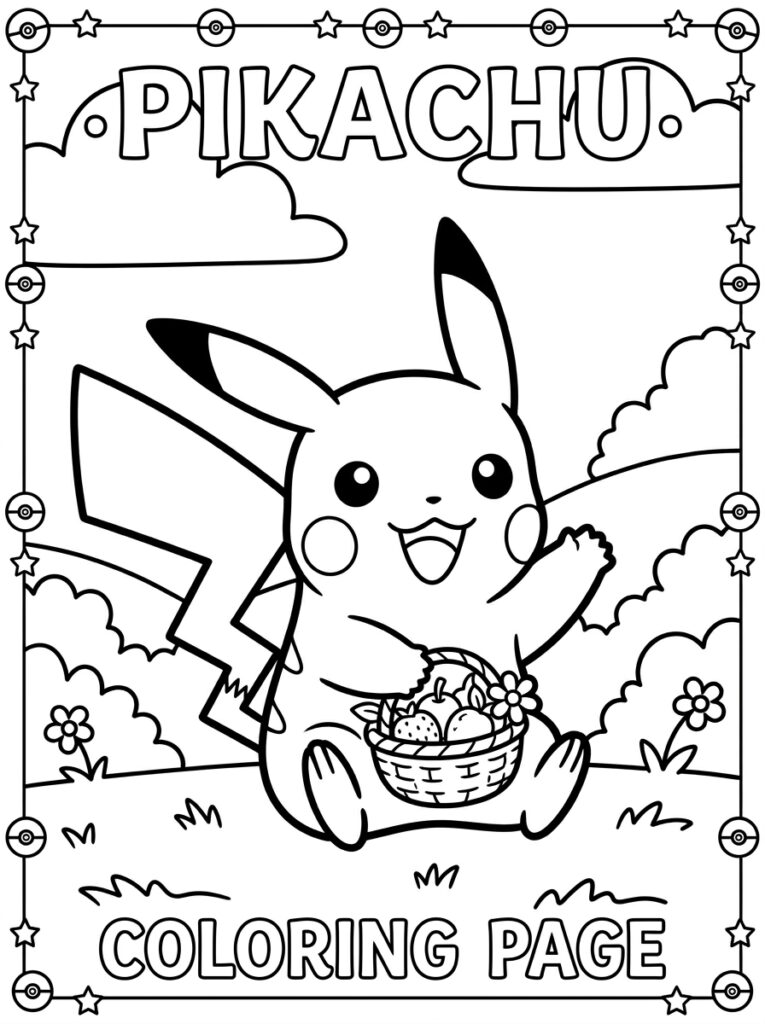 Pikachu zit met fruitmand in veld