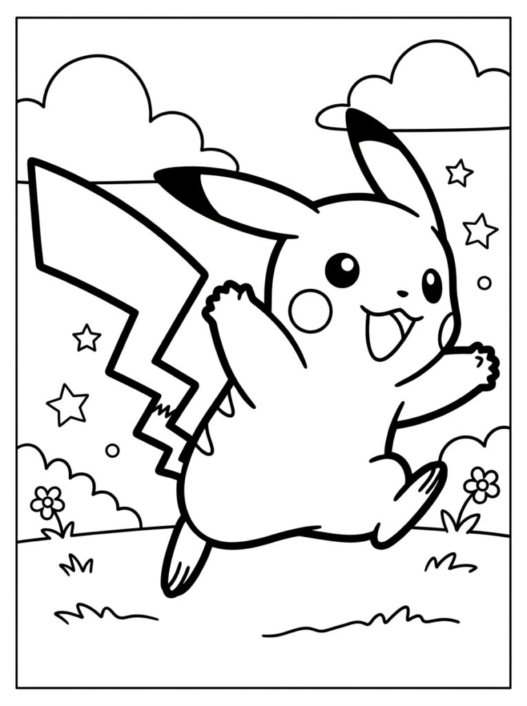 Pikachu springt tussen sterren en bloemen