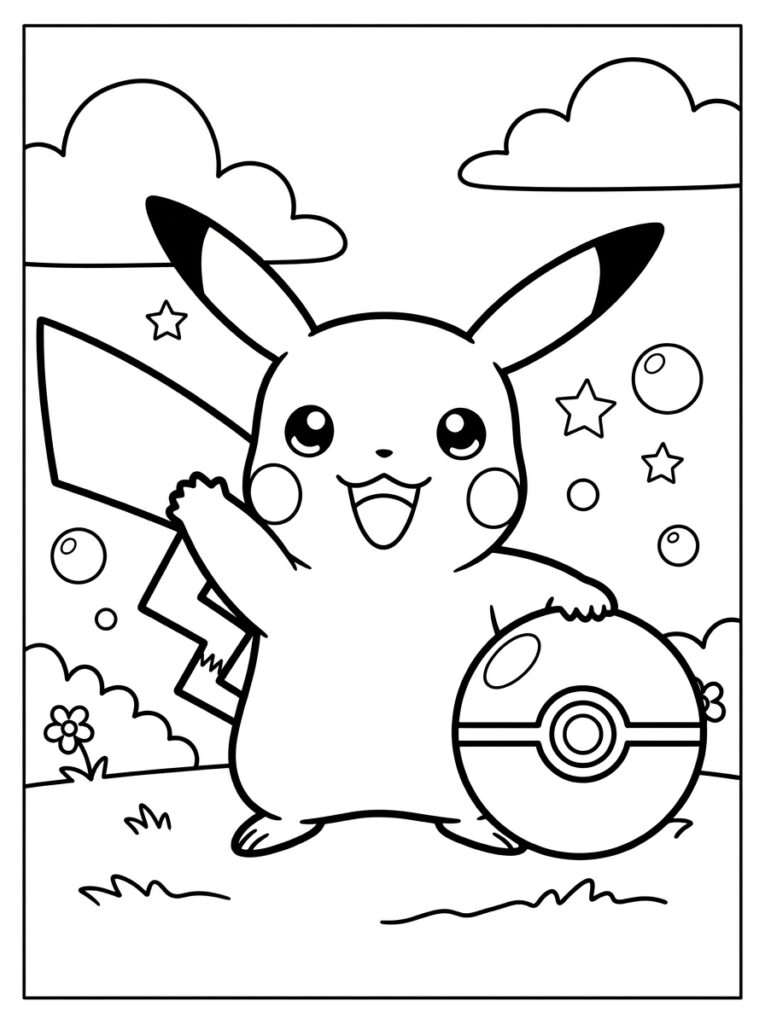 Pikachu staat naast Pokéball met sterren