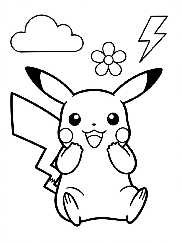 Pikachu zit bij wolk bloem en bliksem