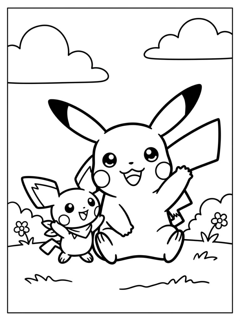 Pikachu en Pichu in bloemenveld met wolken