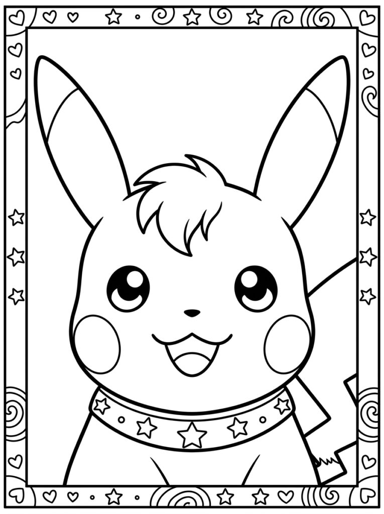 Pikachu met sterrenhalsband in hartjes en sterrenrand