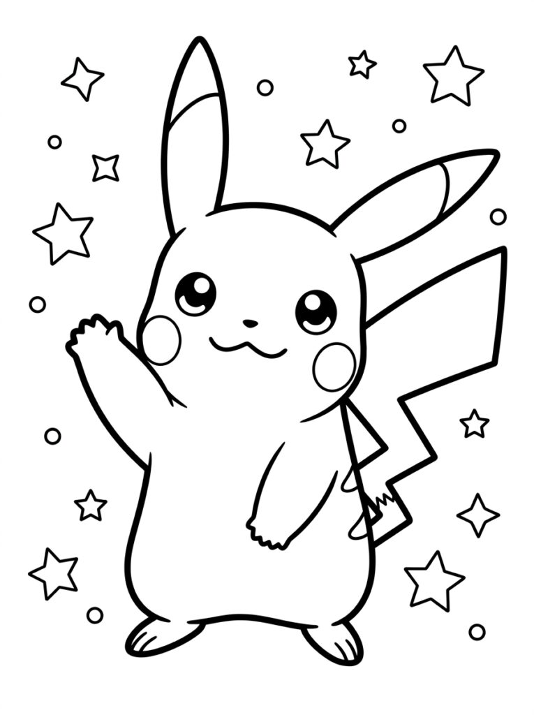 Pikachu zwaait omringd door sterren