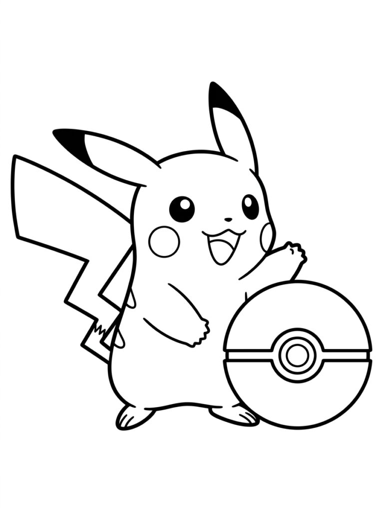 Pikachu lacht naast grote Pokéball