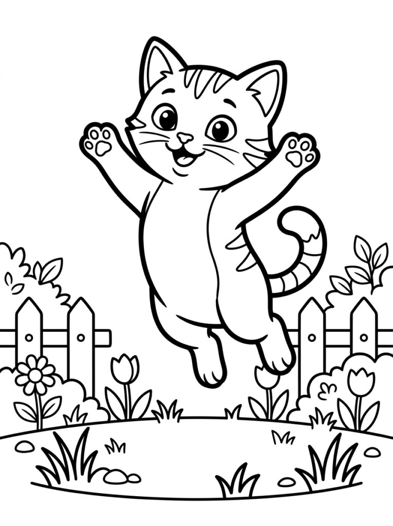 Kleurplaat van een vrolijke springende poes met opgeheven poten in een tuin met bloemen hek en gras