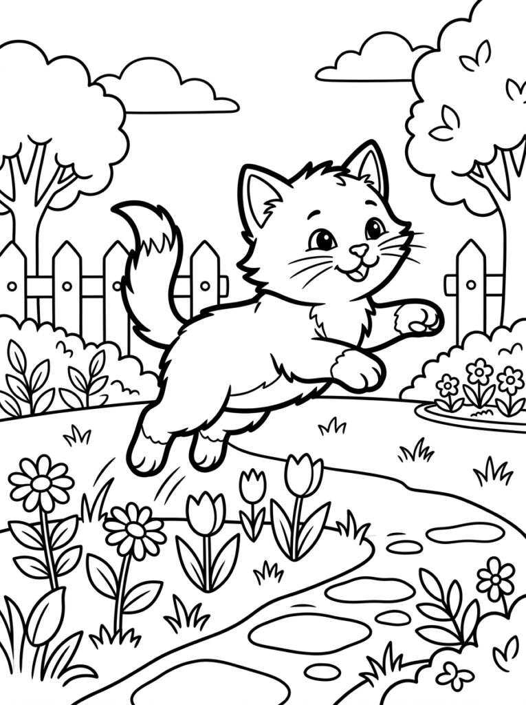 Kleurplaat van een rennende poes met open mond op een pad in een tuin met bloemen bomen hek en wolken