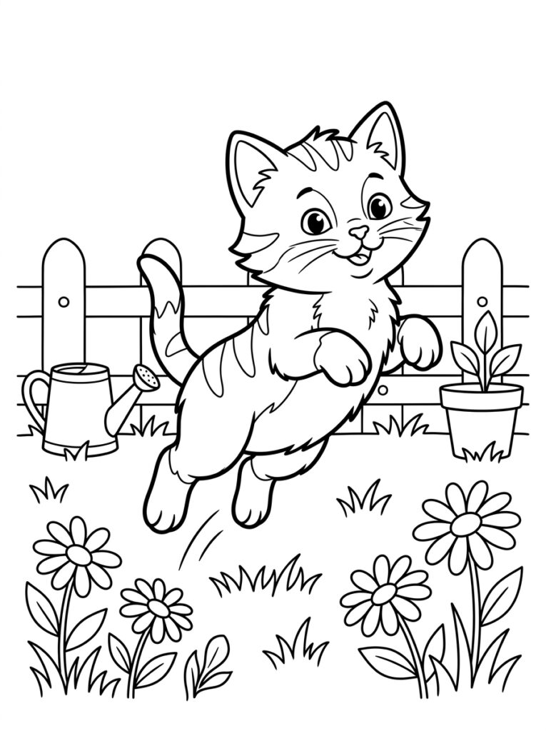 Kleurplaat van een springende poes naast een gieter bloempot hek en bloemen in het gras