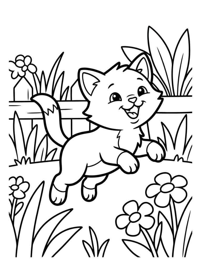 Kleurplaat van een lachende springende poes tussen bloemen gras en hek
