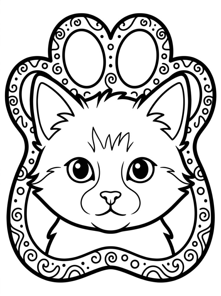 Kleurplaat van een kattenkop met grote ogen in een versierde pootafdruk omlijsting met krullen