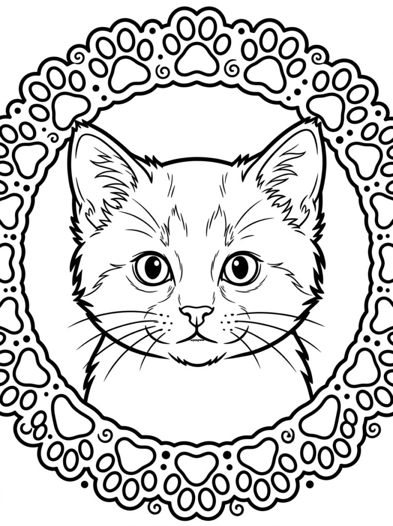 Kleurplaat van een kattenhoofd met grote ogen in een ronde lijst van pootafdrukken en krullen