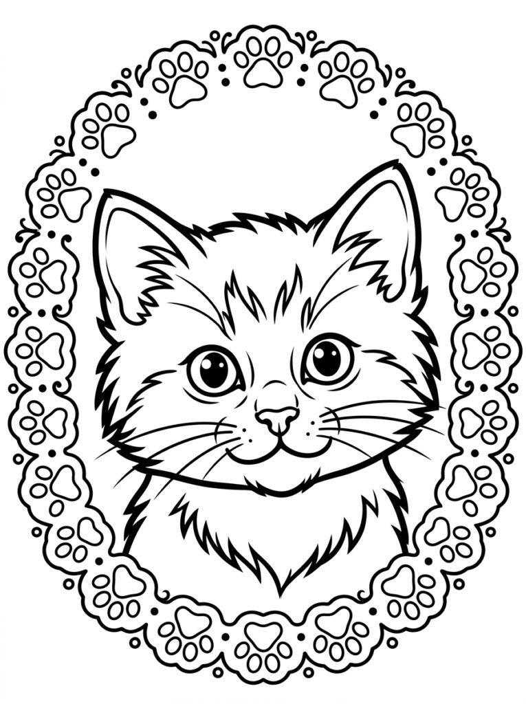 Kleurplaat van een kittenhoofd met grote ogen in een ronde decoratieve lijst van pootafdrukken en krullen