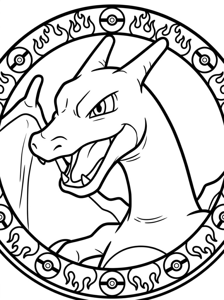 Charizard met open bek in ronde lijst met vlammen