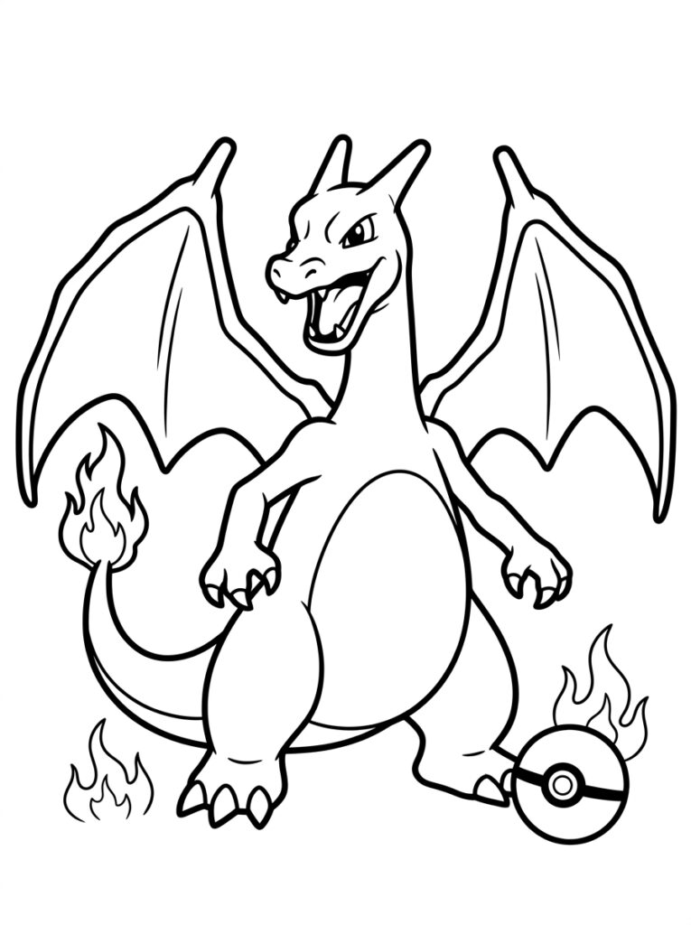 Charizard met gespreide vleugels vlammende staart en Pokéball
