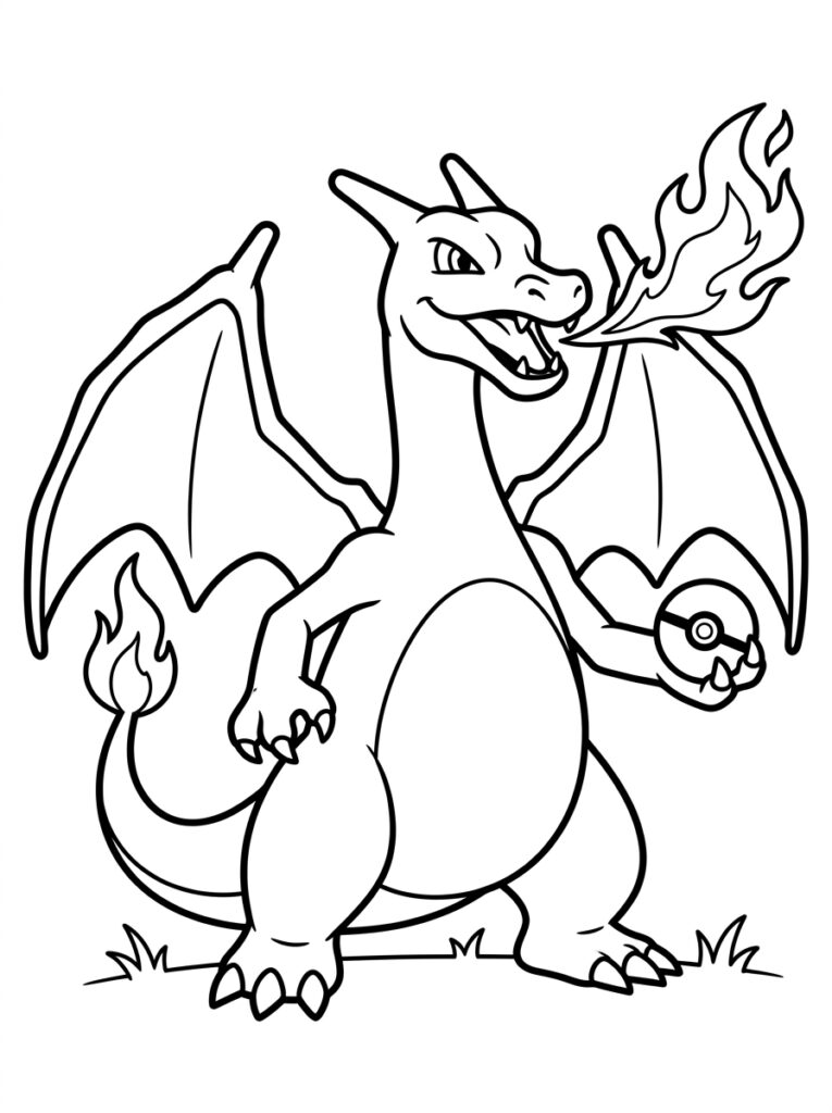 Charizard ademt vuur met gespreide vleugels en Pokéball