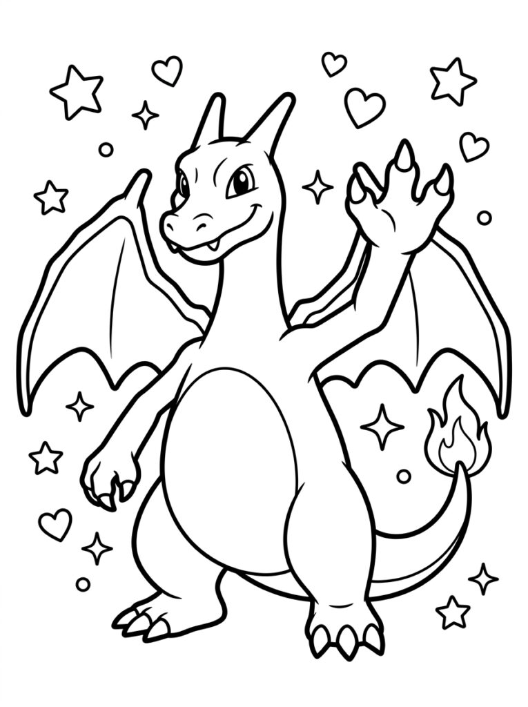 Charizard met opgeheven klauw tussen sterren en harten