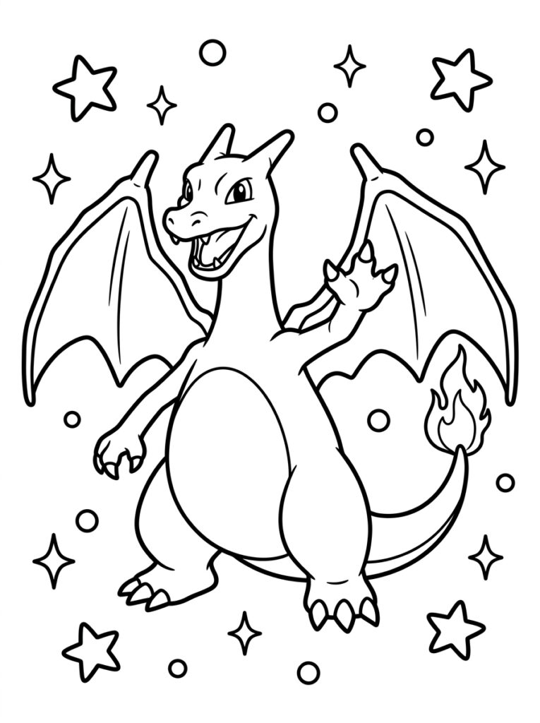 Charizard lacht met open mond tussen sterren