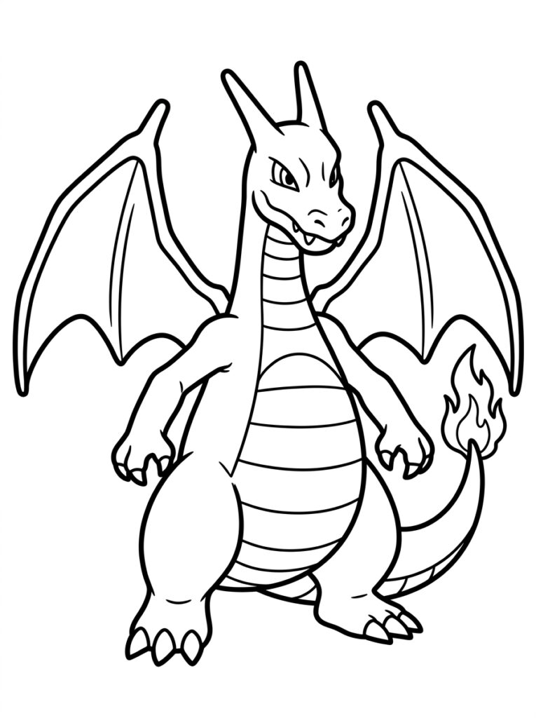 Charizard toont gestreepte buik met gespreide vleugels