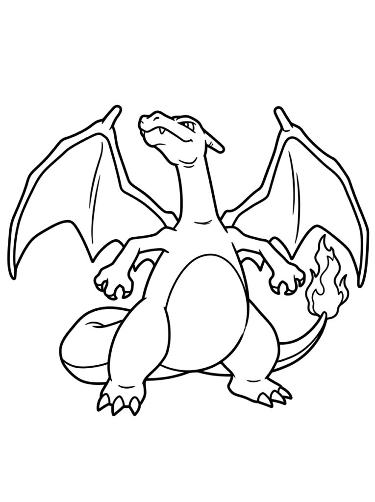 Charizard kijkt omhoog met wijd gespreide vleugels