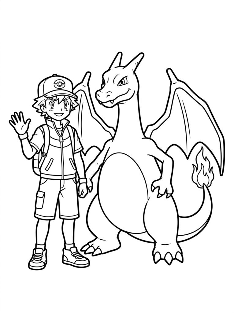Jongen met pet en rugzak naast Charizard