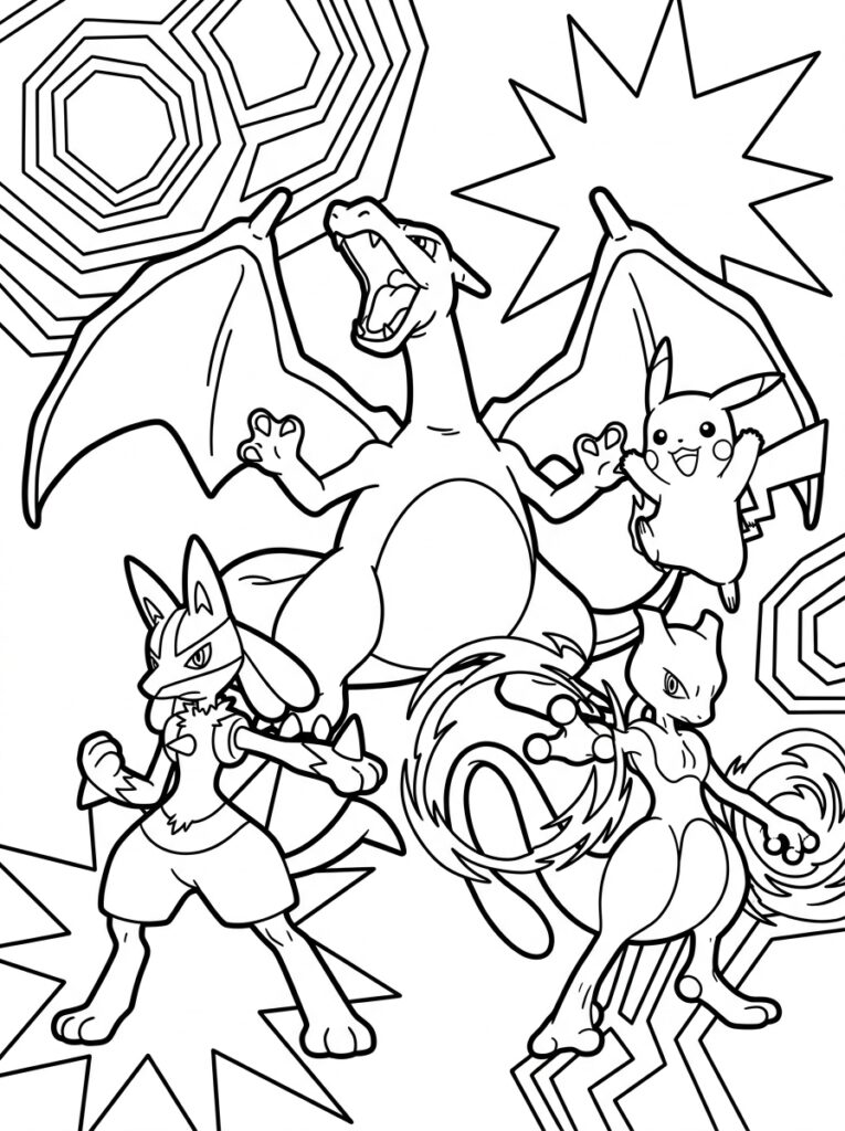 Charizard spreidt vleugels naast Pikachu Lucario en Mewtwo