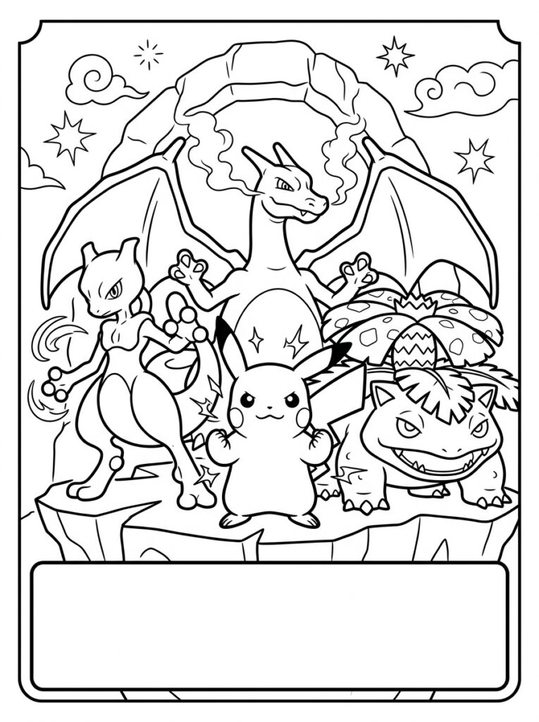 Charizard Mewtwo Pikachu en Venusaur bij rotsboog