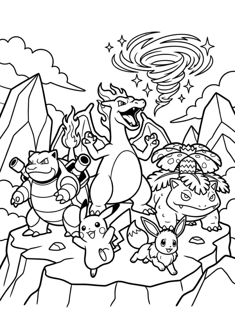 Blastoise Charizard Venusaur Pikachu en Eevee op rotsen