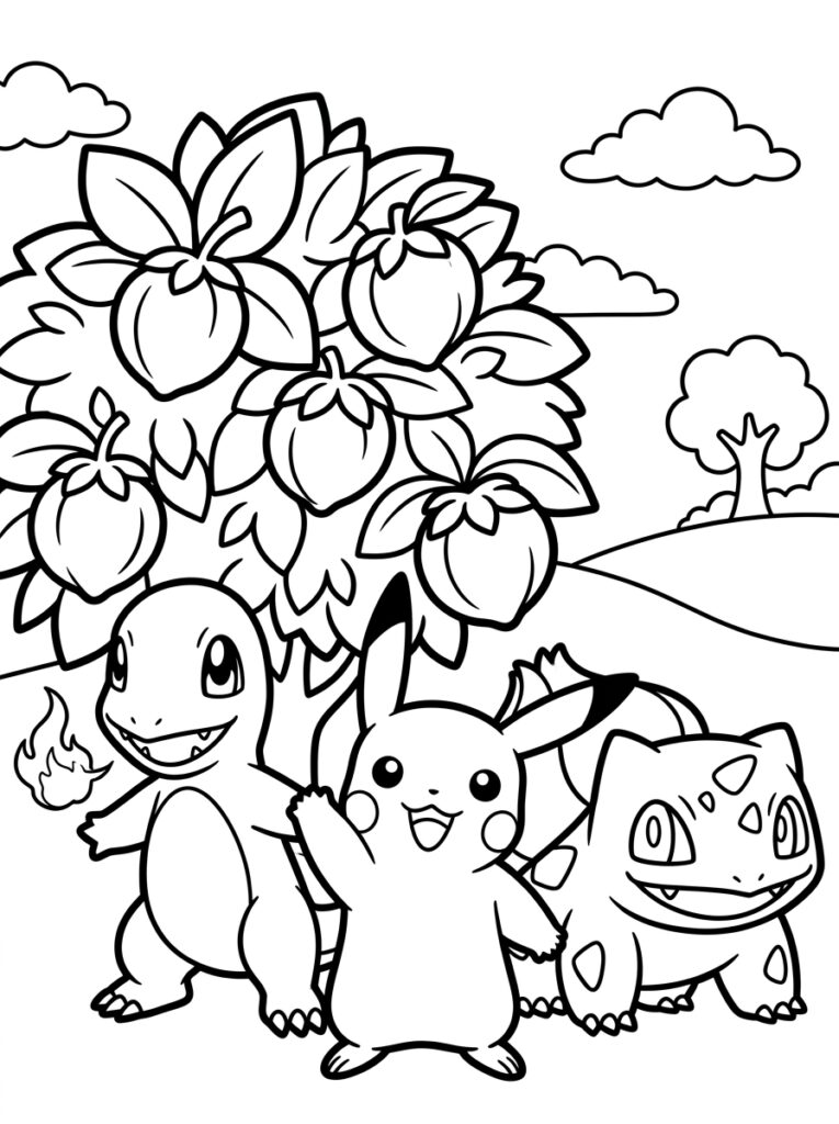 Charmander Pikachu en Bulbasaur onder fruitboom