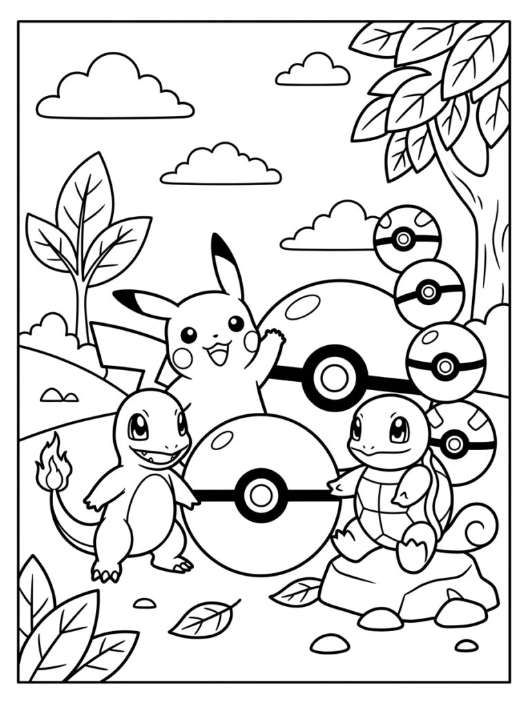Pikachu Charmander en Squirtle met grote Pokéballs