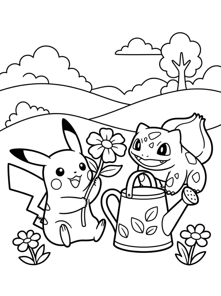 Pikachu houdt bloem vast bij Bulbasaur met gieter