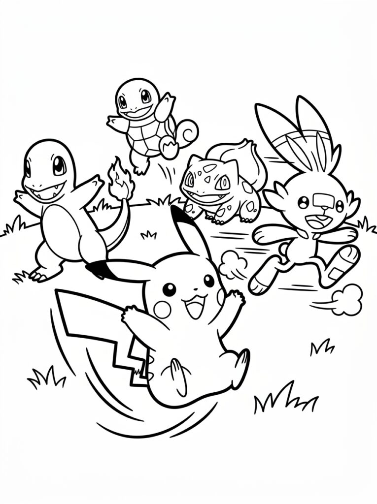 Pikachu rent met Charmander Squirtle Bulbasaur en Eevee