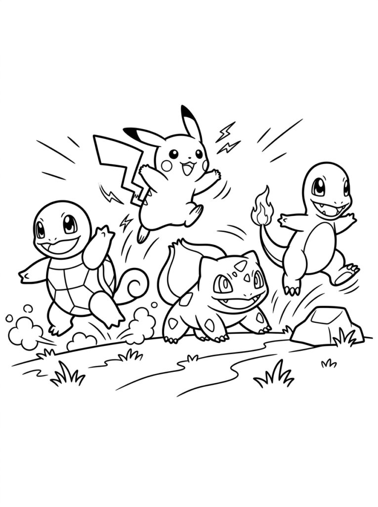Pikachu springt tussen Squirtle Bulbasaur en Charmander