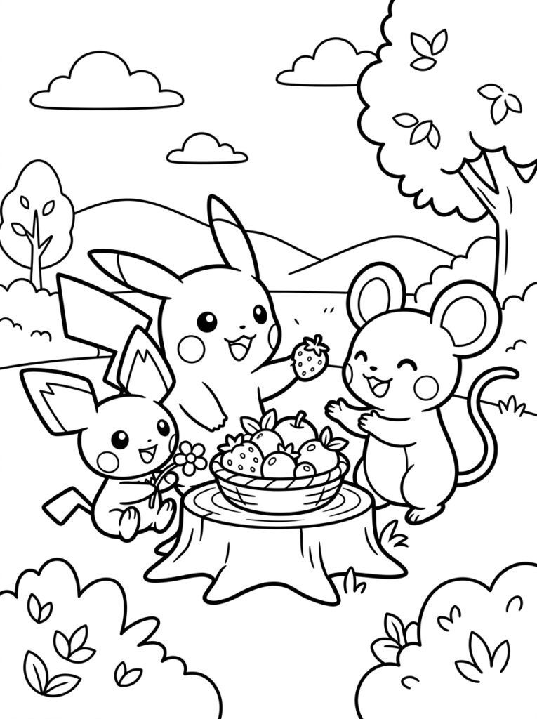 Pikachu Pichu en Marill bij fruitmand op stronk