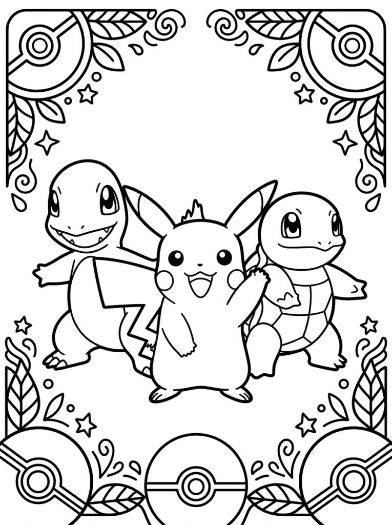 Charmander Pikachu en Squirtle met Pokeballs en sterren