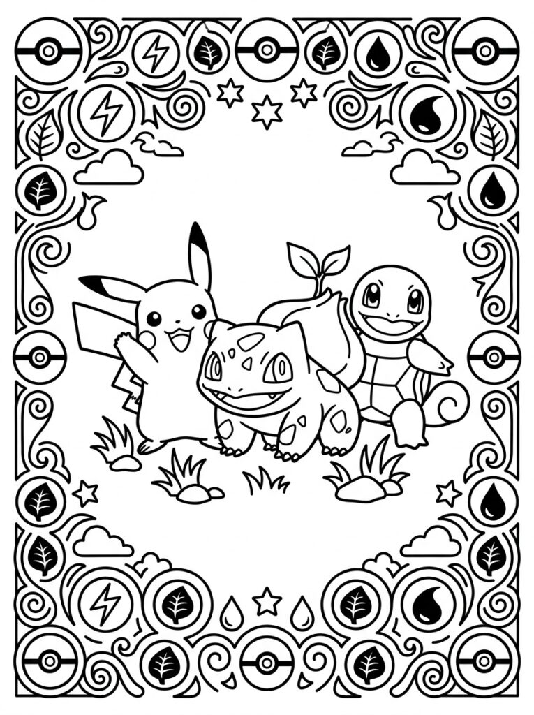 Pikachu Bulbasaur en Squirtle met symbolen en gras