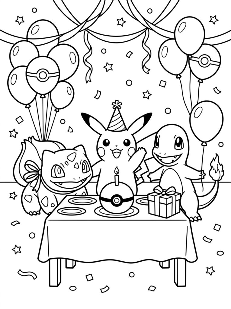 Pikachu Bulbasaur en Charmander met taart en ballonnen