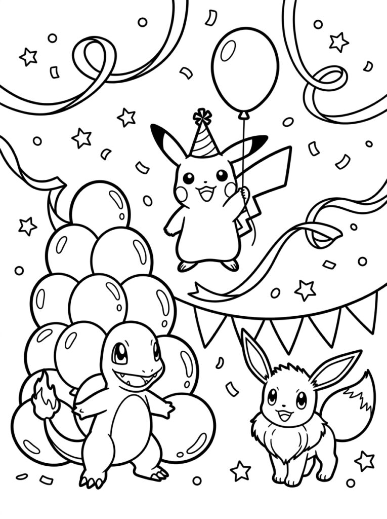 Pikachu met feestmuts boven Charmander en Eevee