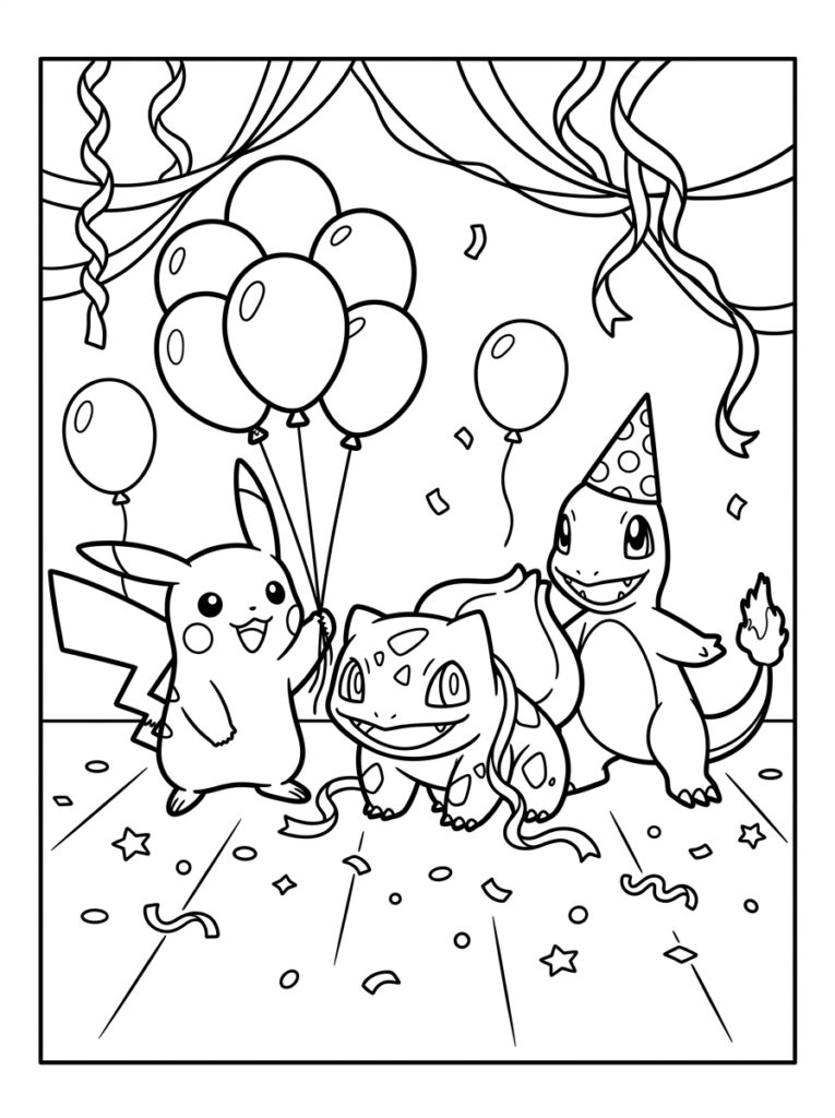 Pikachu Bulbasaur en Charmander met ballonnen en slingers