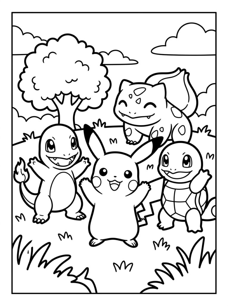 Pikachu met Charmander Squirtle en Bulbasaur in gras