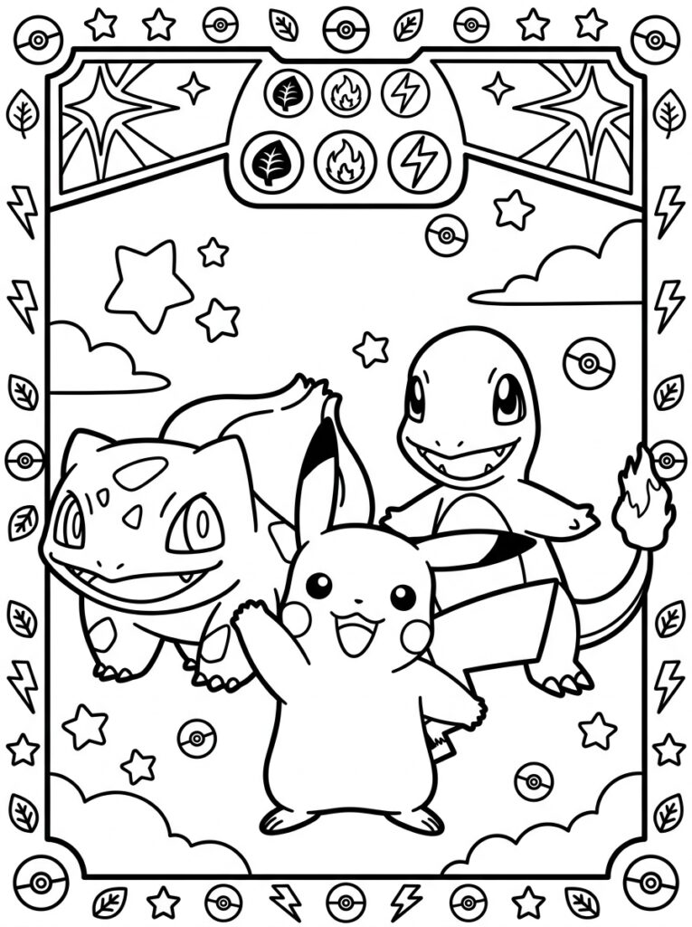 Pikachu Bulbasaur en Charmander met sterren pokeballen