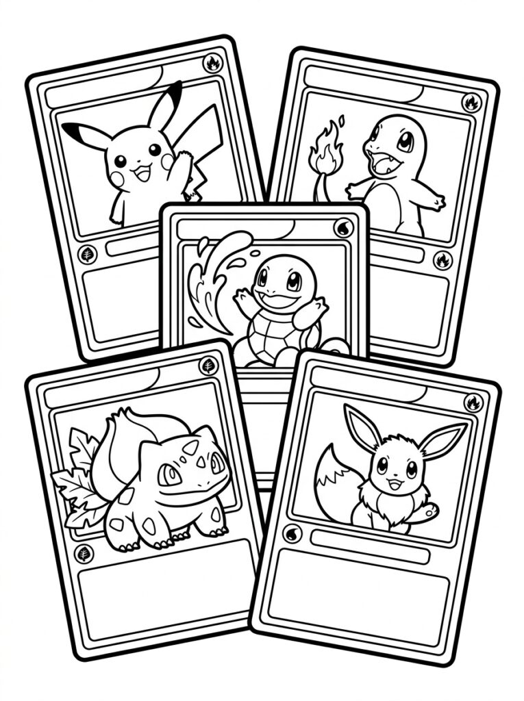 Vijf kaarten met Pikachu Eevee Bulbasaur Charmander Squirtle