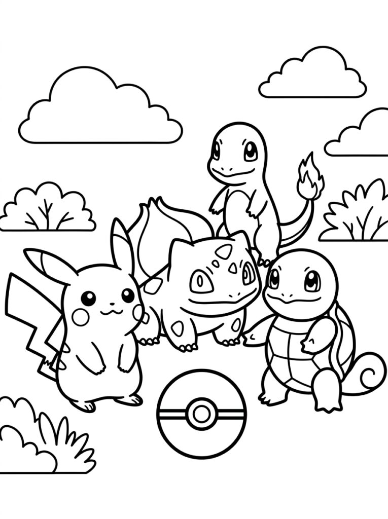 Pikachu Bulbasaur Charmander Squirtle met Pokéball