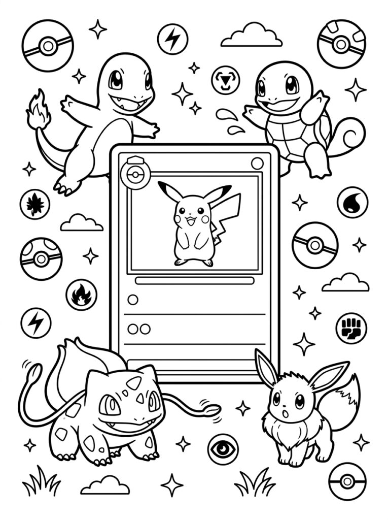 Pikachu op Pokémonkaart met Charmander Squirtle Bulbasaur Eevee
