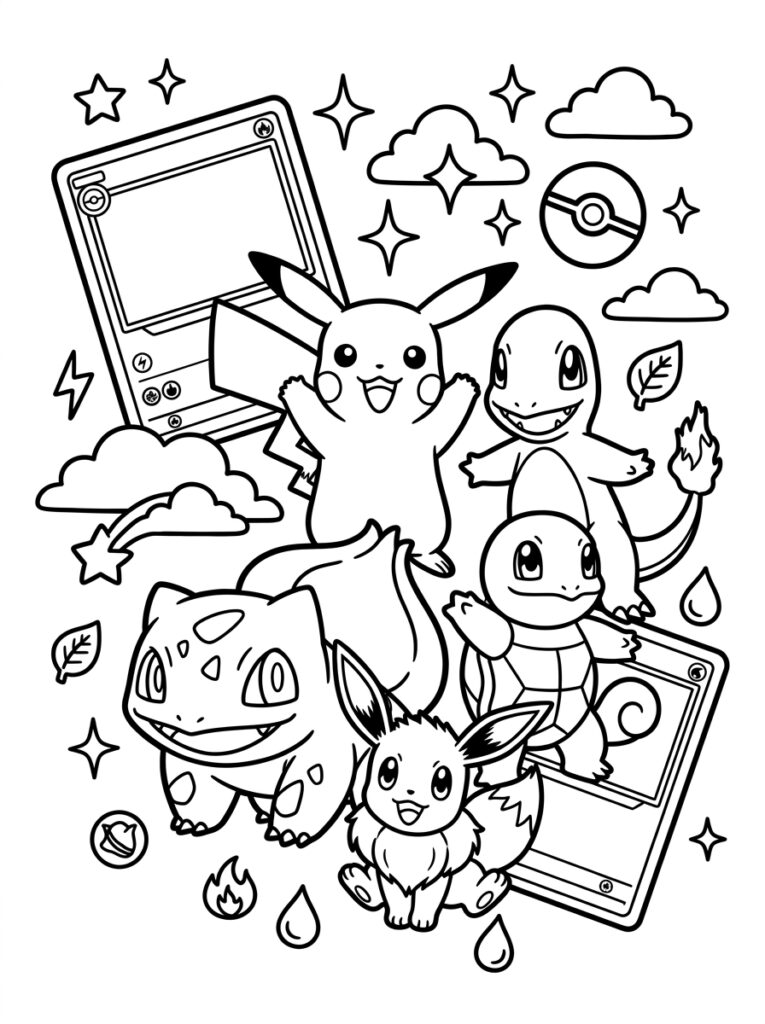 Pikachu met Charmander Squirtle Bulbasaur Eevee en gameboy