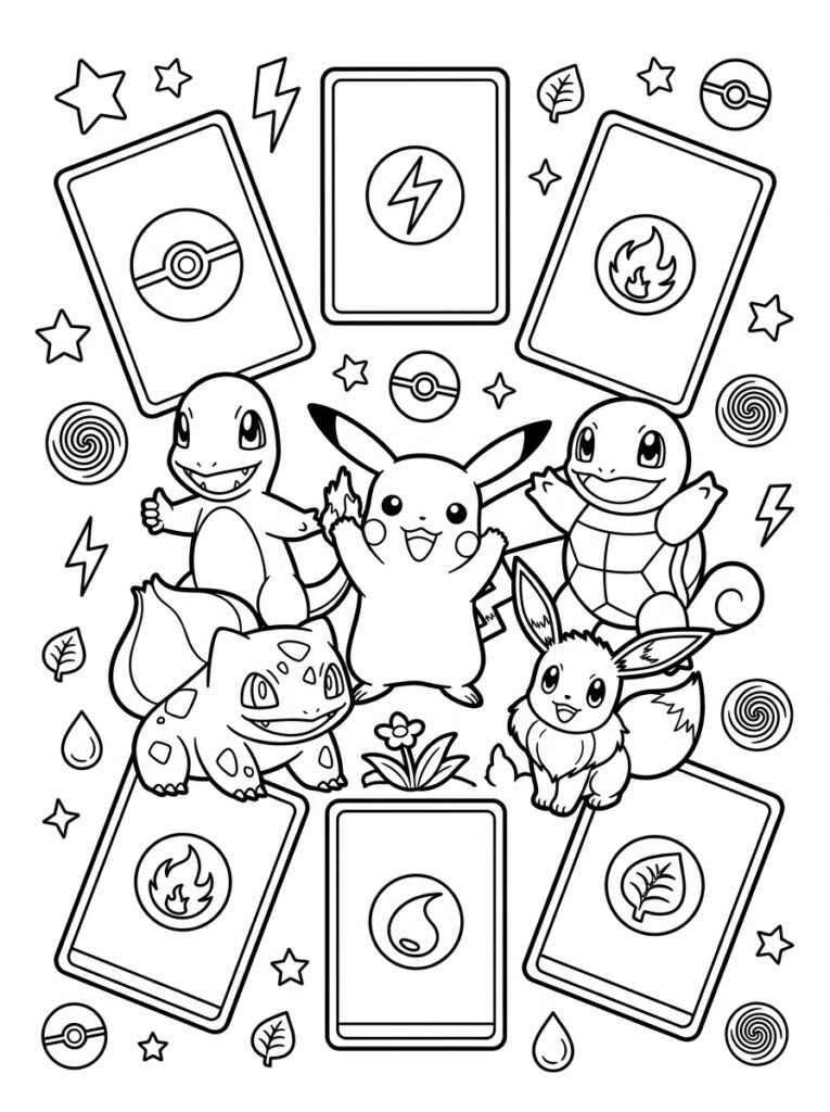 Pikachu Charmander Squirtle Bulbasaur Eevee met symbolenkaarten