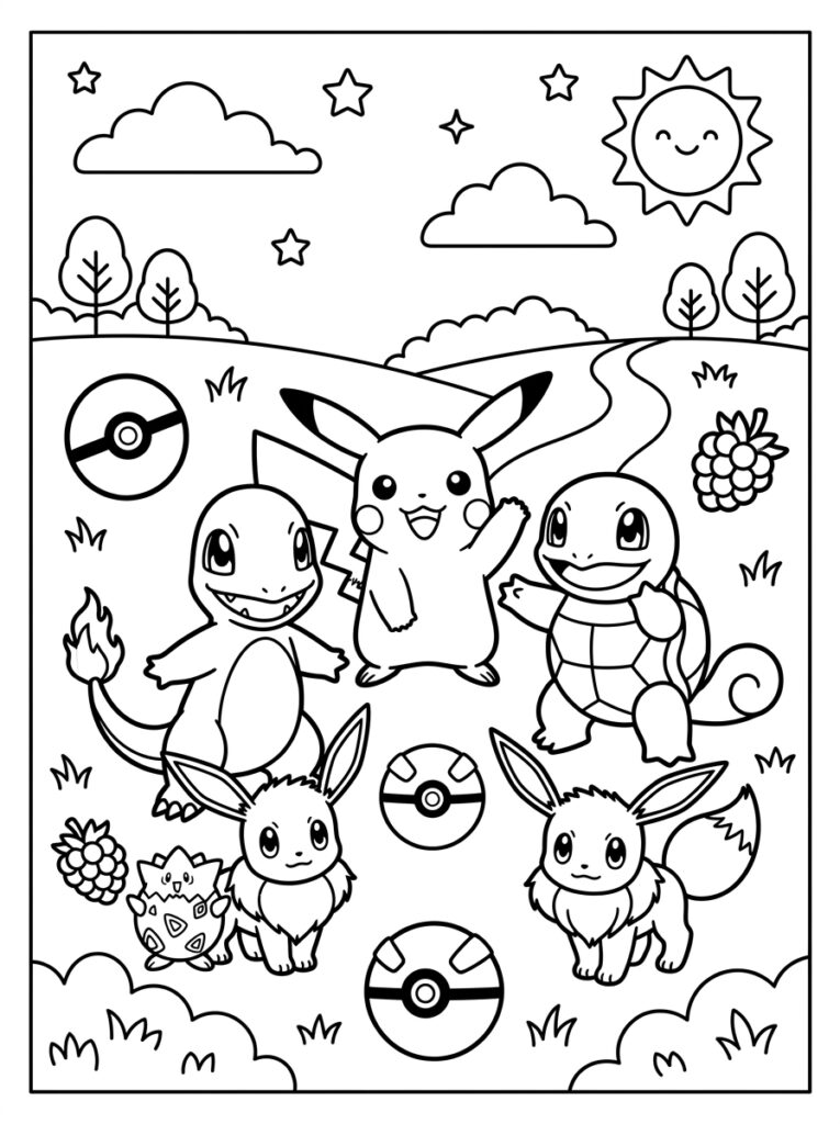 Pikachu Charmander Squirtle Eevee Bulbasaur in landschap met zon